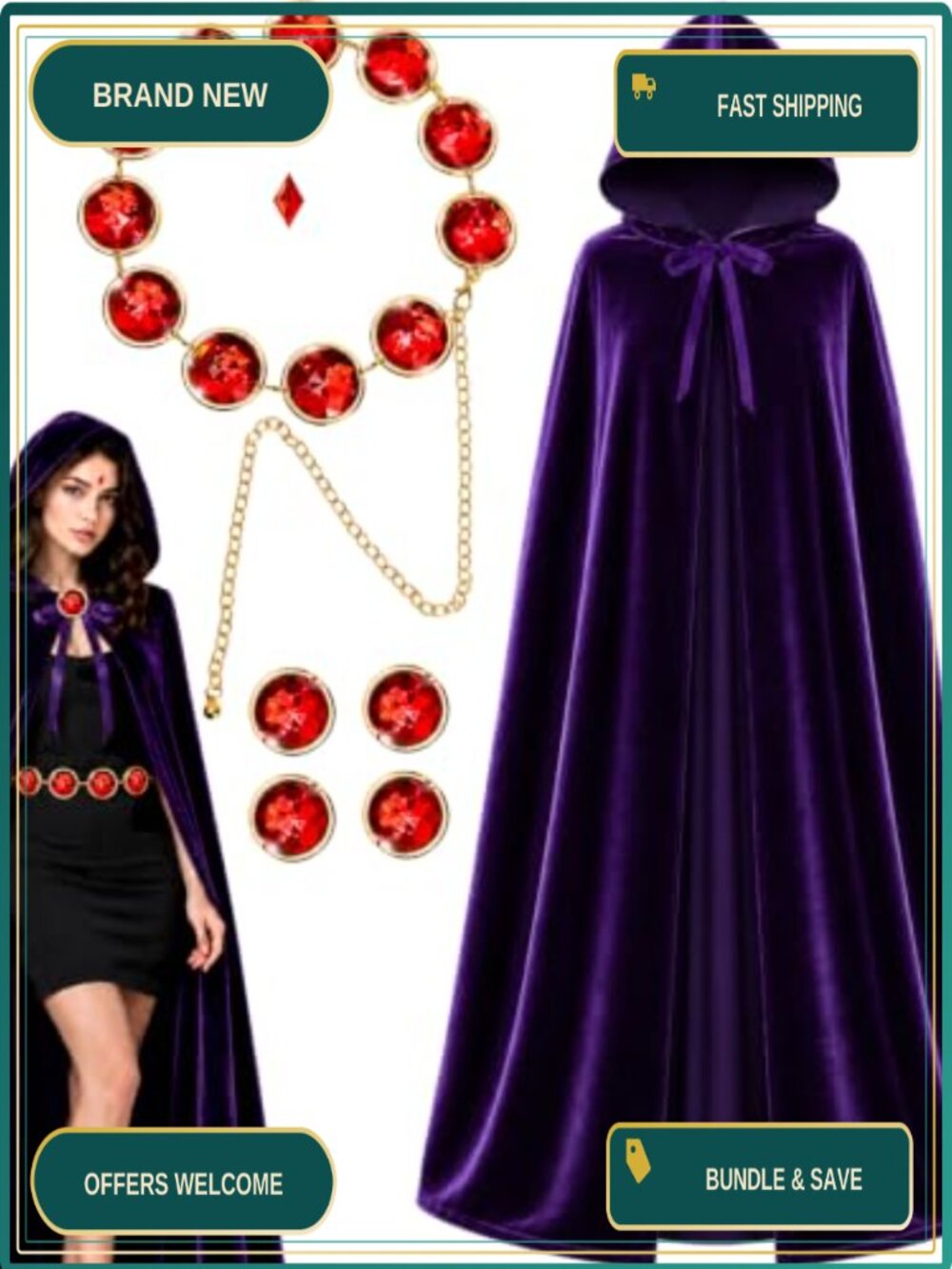 Women's Hooded Velvet Cape Cosplay Costume Set with Gem Belt & Accessories